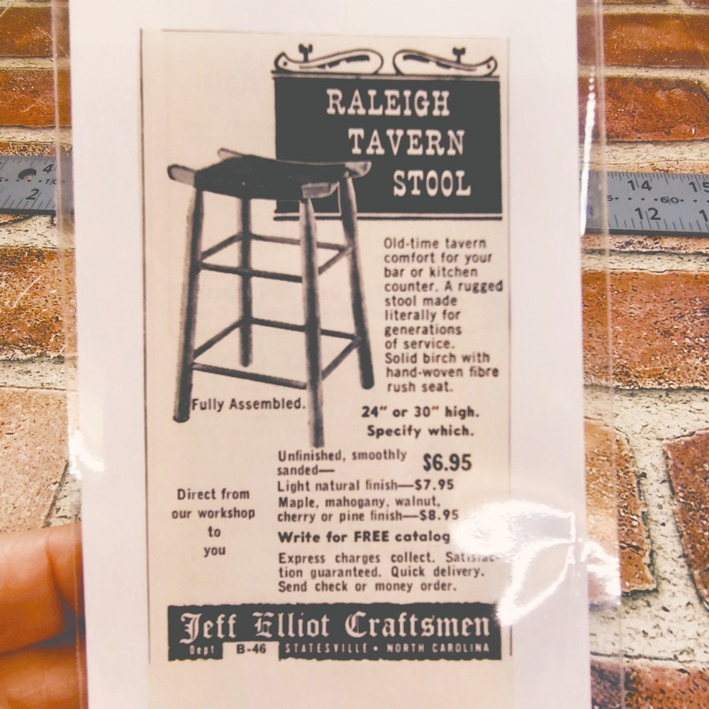 1956 Raleigh Tavern Stool Jeff Elliot Craftsmen Statesville NC Orig Vtg Print Ad